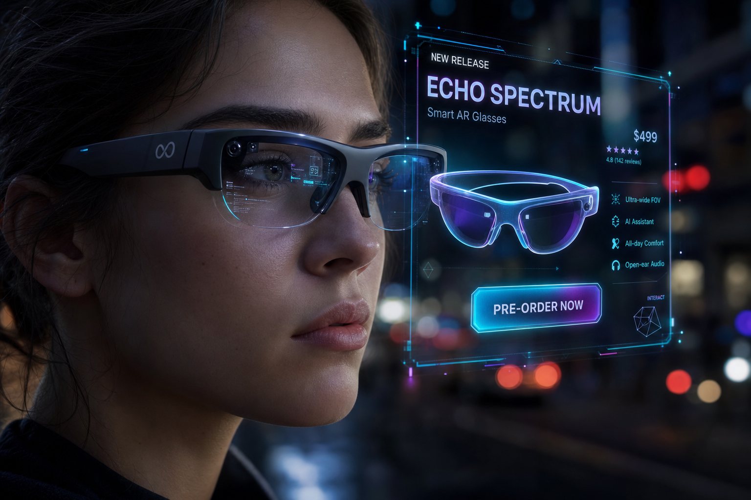 A person wearing AR smart glasses with a holographic advertisement anchored to a physical billboard in their field of view on a city street