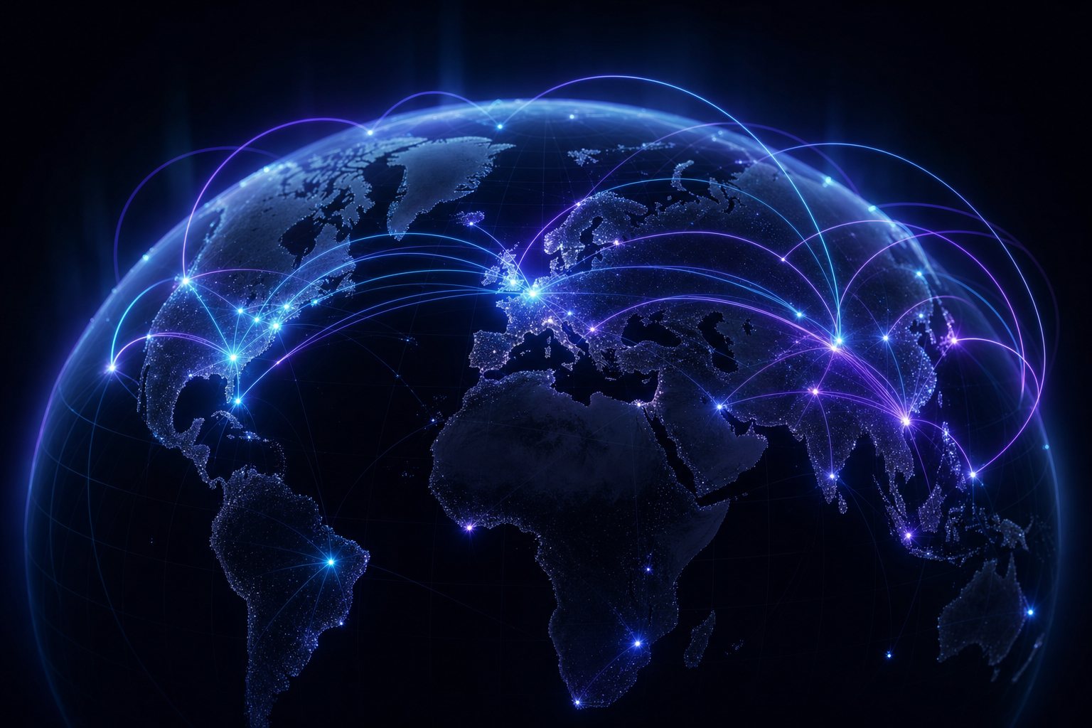 A dark globe with glowing cyan and violet arcs connecting cities across North America, Europe, and Asia